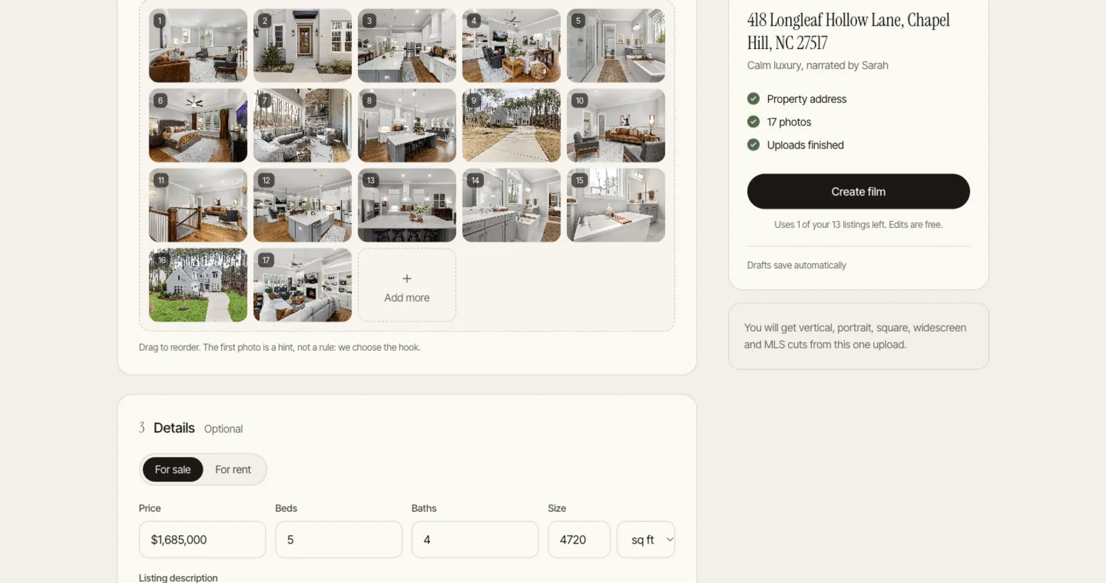 The create screen with 17 listing photos uploaded and the listing details filled in