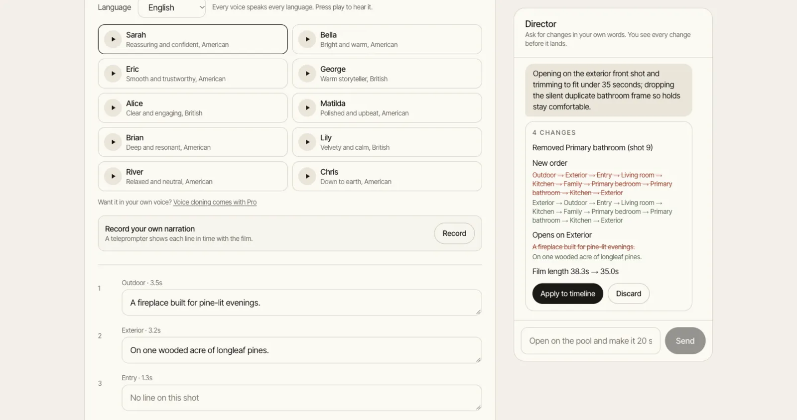 The narration panel with voices, languages and a record your own option