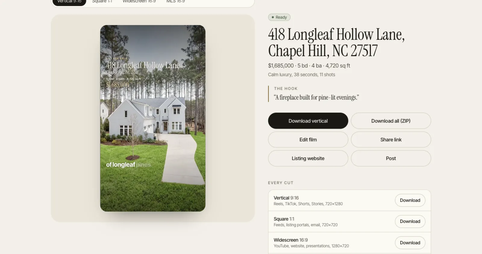 The result page with every cut of a listing film ready to download