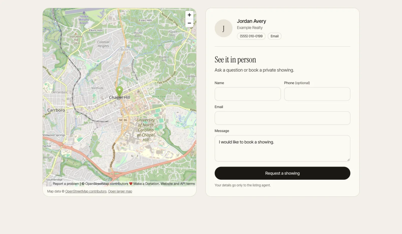Listing website with a map, the agent card and the showing request form