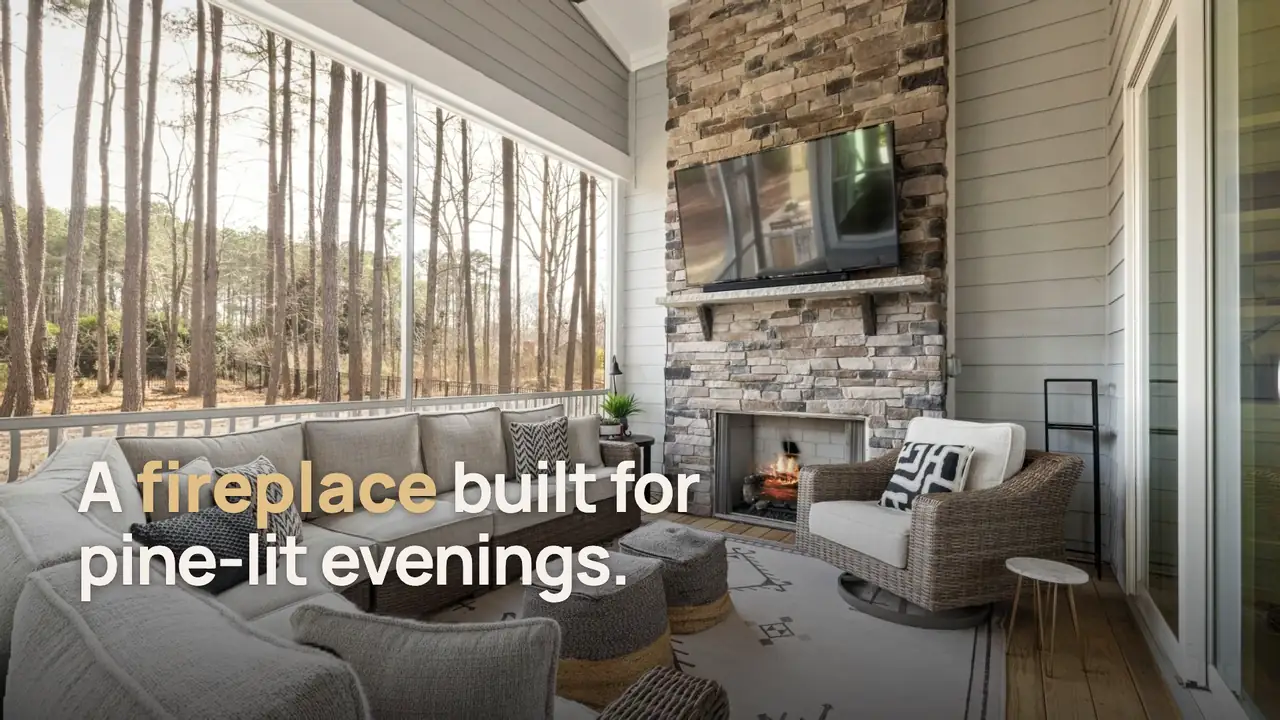 MLS 16:9 cut of the house in the pines listing video: a stone fireplace in a screened sunroom under the pines