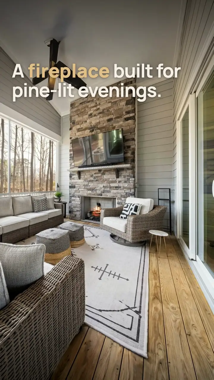 Vertical 9:16 cut of the house in the pines listing video: a stone fireplace in a screened sunroom under the pines with the line "A fireplace built for pine-lit evenings."