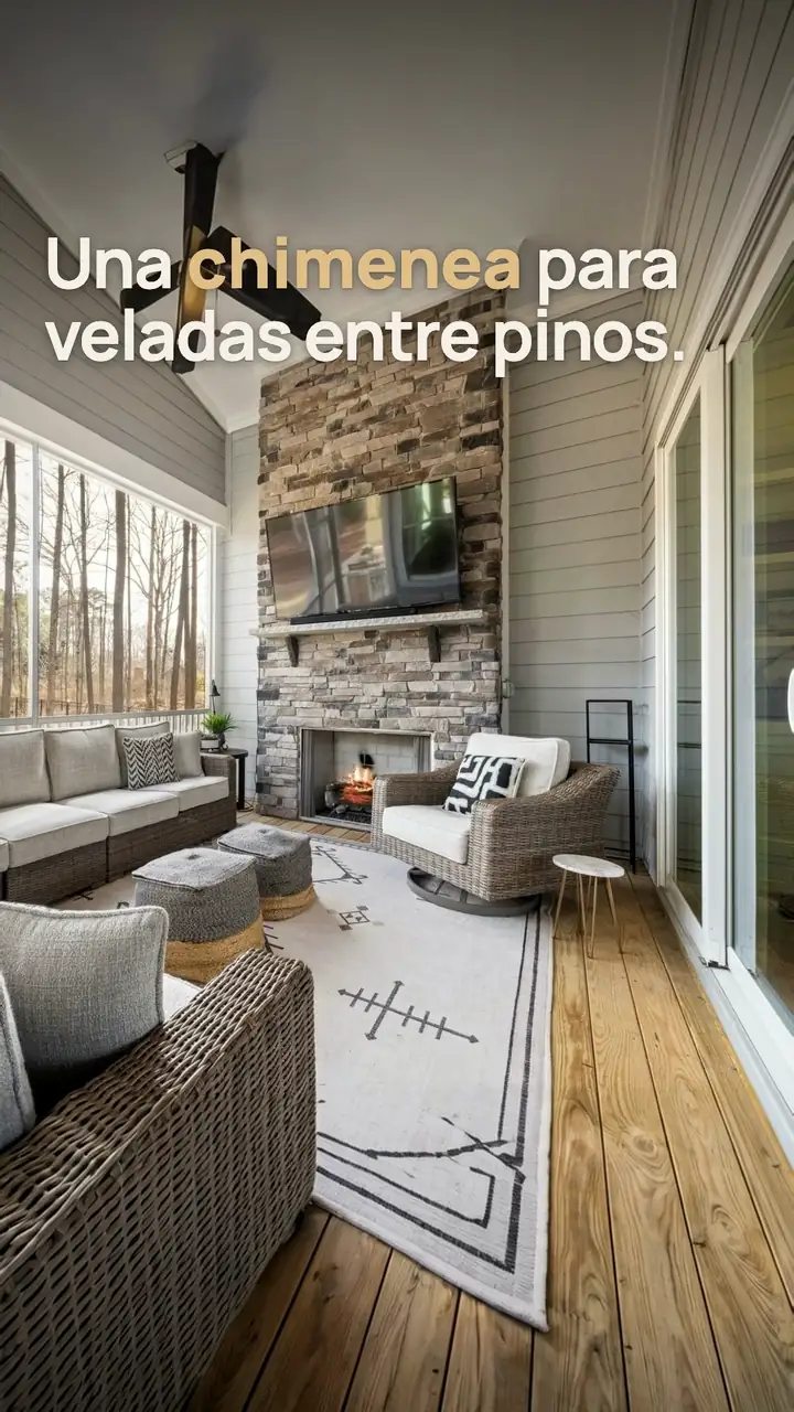 Opening frame of the listing video narrated in Spanish: a stone fireplace in a screened sunroom, with the line "Una chimenea para veladas entre pinos."