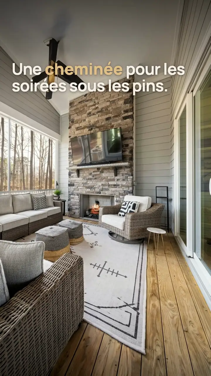 Opening frame of the listing video narrated in French: a stone fireplace in a screened sunroom, with the line "Une cheminée pour les soirées sous les pins."